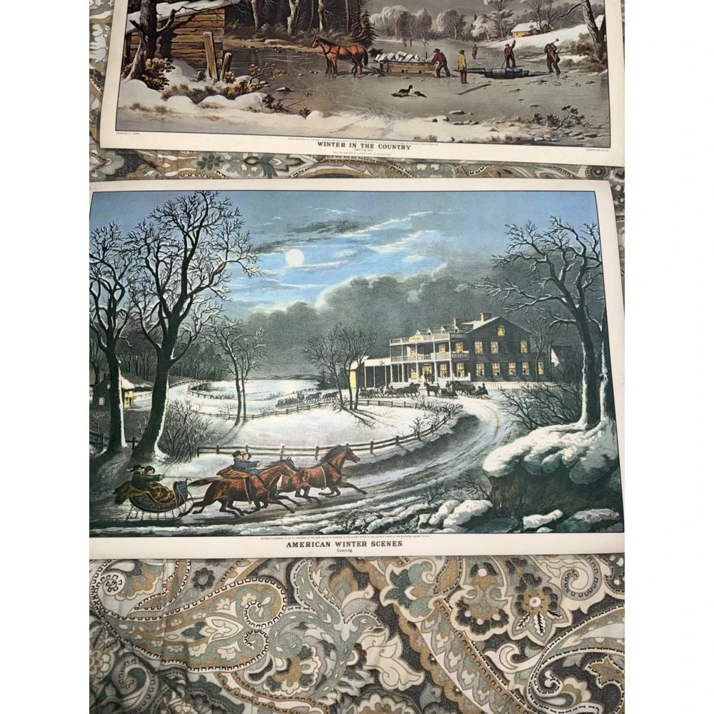 Vintage Currier and Ives Winter Scene Placemats Set of 4 Double Sided Christmas